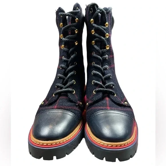 Tory Burch Womens Boots Miller 60MM Checked Wool Calf Leather Navy Size 8 - Picture 6 of 13